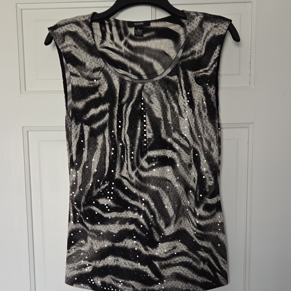 Alfani Zebra Print Sequin Top - Black and White